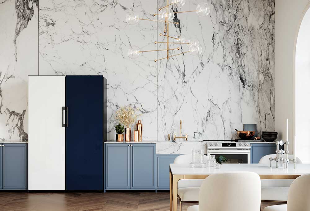 Kitchen with white glass and navy glass column refrigerators