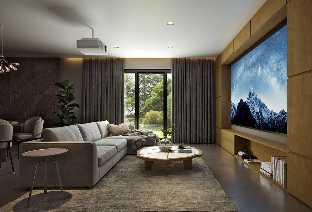 Room with a large projector and couch