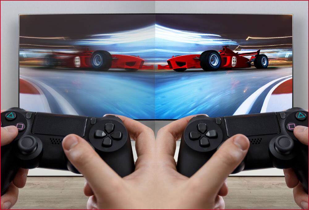Person using gaming controller with LCD TV versus OLED TV