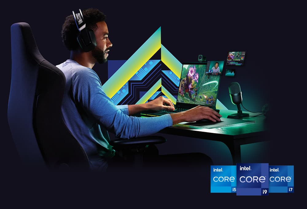 Person gaming on a laptop, Intel Core i5, Intel Core i9, Intel Core i7