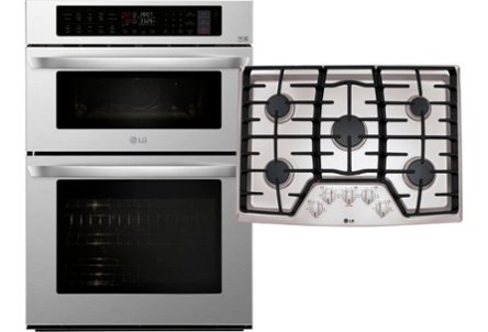Stainless steel wall oven with microwave, stainless steel cooktop