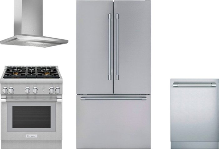 Stainless steel range, chimney-style range hood, refrigerator, and dishwasher