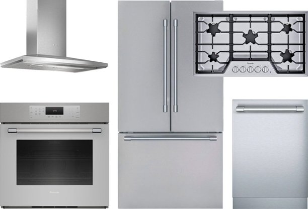Stainless steel wall oven, range hood, refrigerator, dishwasher and cooktop with black detailing