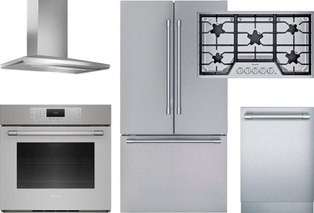 Stainless steel wall oven, range hood, refrigerator, dishwasher, and cooktop with black detailing