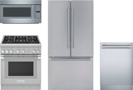 Stainless steel range with black stovetop, over-the-range microwave, refrigerator and dishwasher