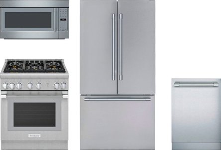 Stainless steel range with black cooktop, over-the-range microwave, refrigerator, and dishwasher