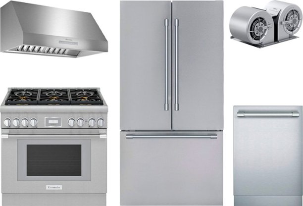 Stainless steel range, range hood, refrigerator, dishwasher, and blower