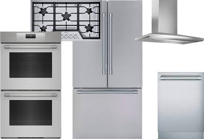 Stainless steel stacked double wall oven, range hood, refrigerator, dishwasher, and cooktop with black detailing