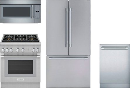 Stainless steel self-cleaning range with black stovetop, over-the-range microwave, refrigerator, and dishwasher