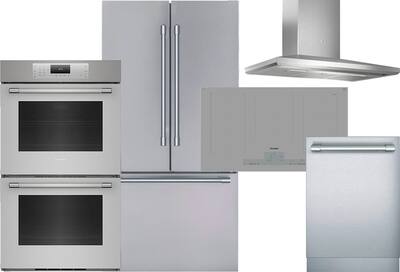 Stainless steel stacked double wall oven, range hood, refrigerator, dishwasher, and grey cooktop