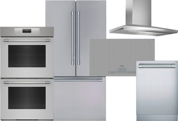 Stainless steel stacked double wall oven, range hood, refrigerator, dishwasher, and grey cooktop 