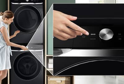 Stacked washer and dryer in laundry room