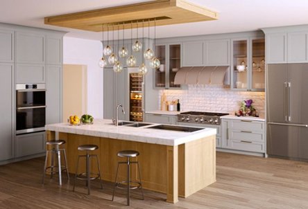 Grey and wood-designed kitchen with stainless steel double wall oven, range with hood, cooktop and refrigerator