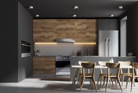 Slate gray kitchen with brown cabinets and stainless steel refrigerator, range and hood, and built-in wall oven