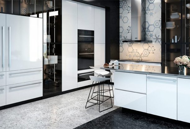  Black and white kitchen with built-in appliances