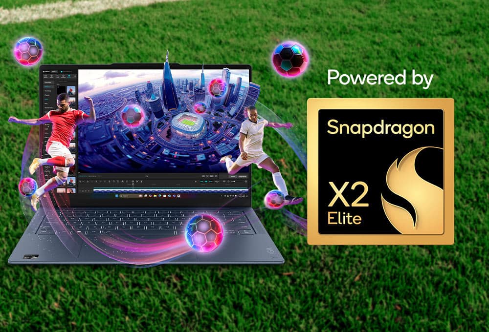 Laptop, soccer players, stadium, Snapdragon X2 Elite