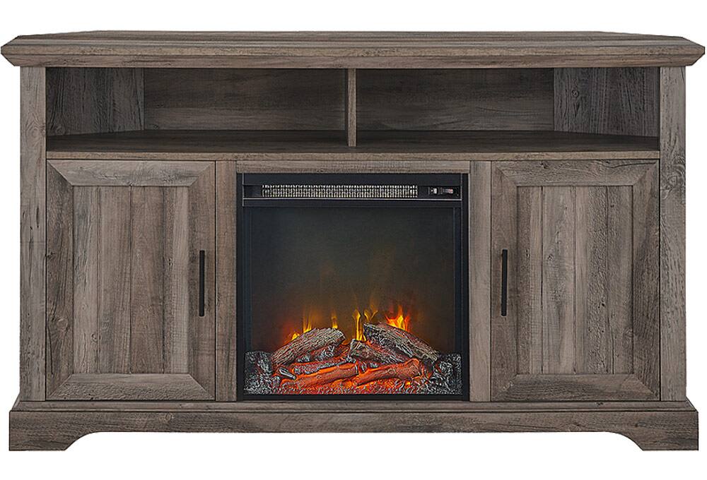 Wood TV stand with fireplace in center