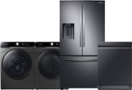 Black stainless steel refrigerator and dishwasher, brushed black washer and dryer