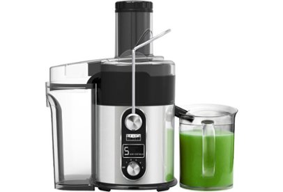 Stainless steel juicer, cup filled with green juice