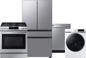 Stainless steel refrigerator, stainless steel range, stainless steel dishwasher, white washer