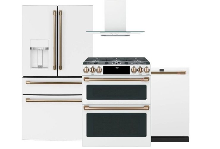 White refrigerator, range, dishwasher, wall oven and range hood
