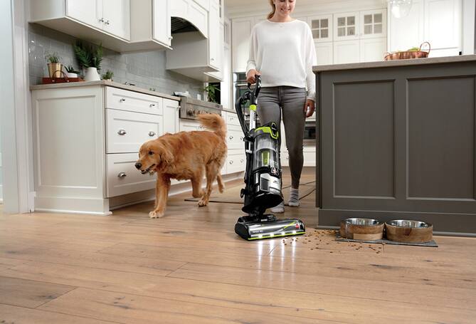 Pet owner vacuuming dog food on kitchen floor with dog watching