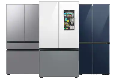4-door French door refrigerator with stainless steel panels, 3-door French door Family Hub refrigerator with white glass and gray glass panels, 4-Door Flex refrigerator with navy glass panels,