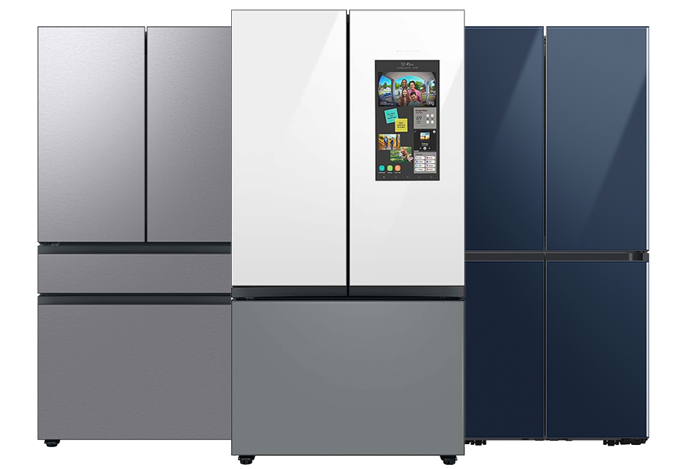 4-door French door refrigerator with stainless steel panels, 3-door French door Family Hub refrigerator with white glass and gray glass panels, 4-Door Flex refrigerator with navy glass panels, 