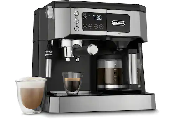 Stainless steel and black coffee and espresso machine