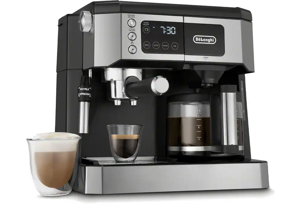 Stainless steel and black coffee and espresso machine