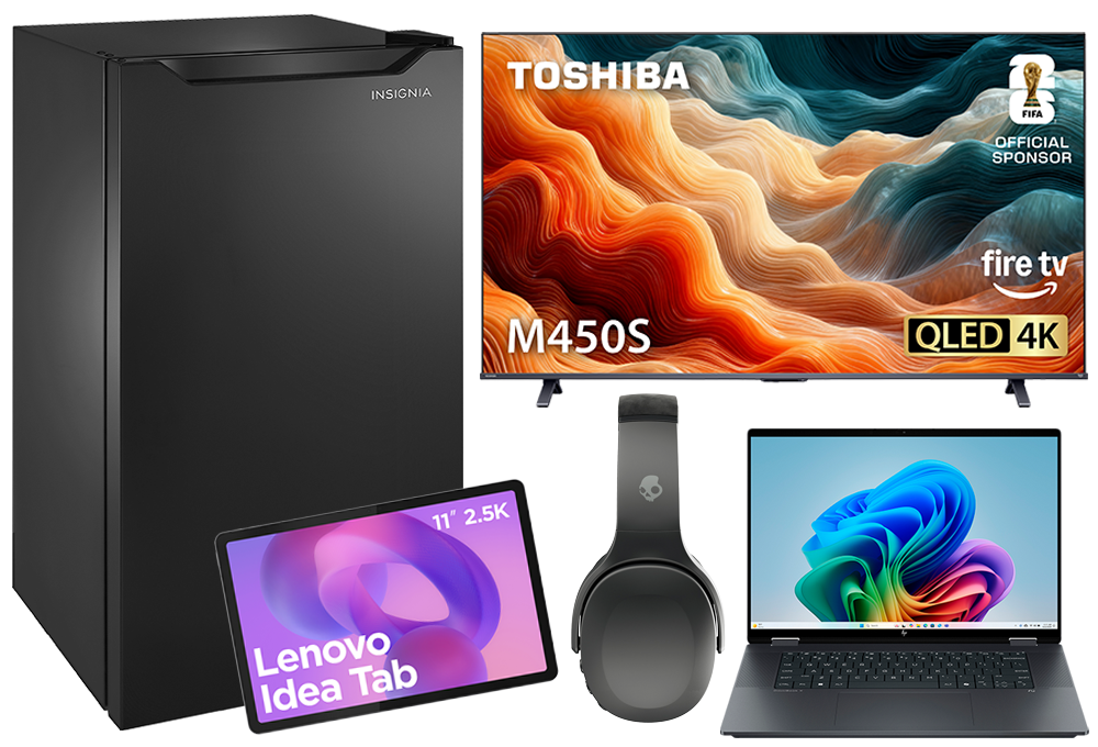 Laptop, TV, mini fridge, tablet, headphones