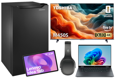 Laptop, TV, mini fridge, tablet, headphones