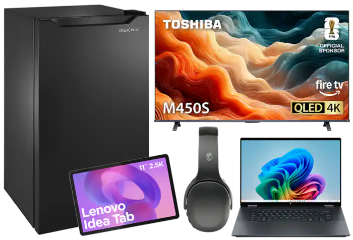 Laptop, TV, mini fridge, tablet, headphones