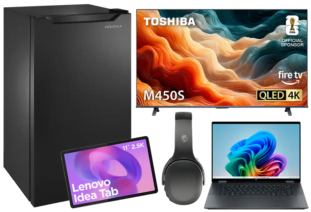 Laptop, TV, mini fridge, tablet, headphones
