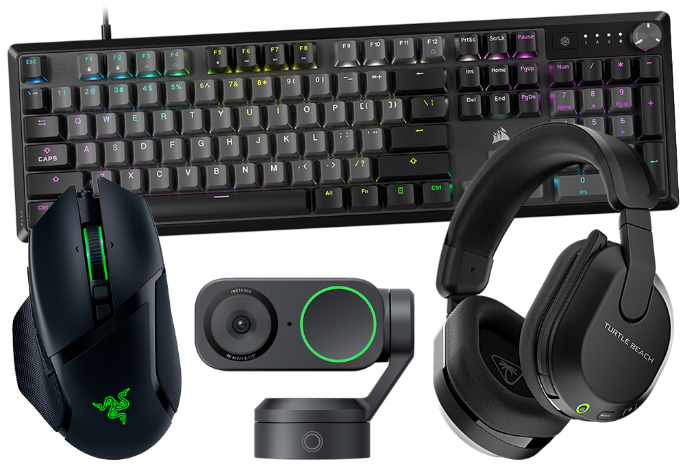Keyboard, webcam, headset, mouse