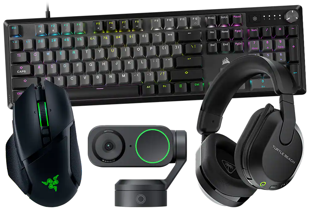 Keyboard, webcam, headset, mouse