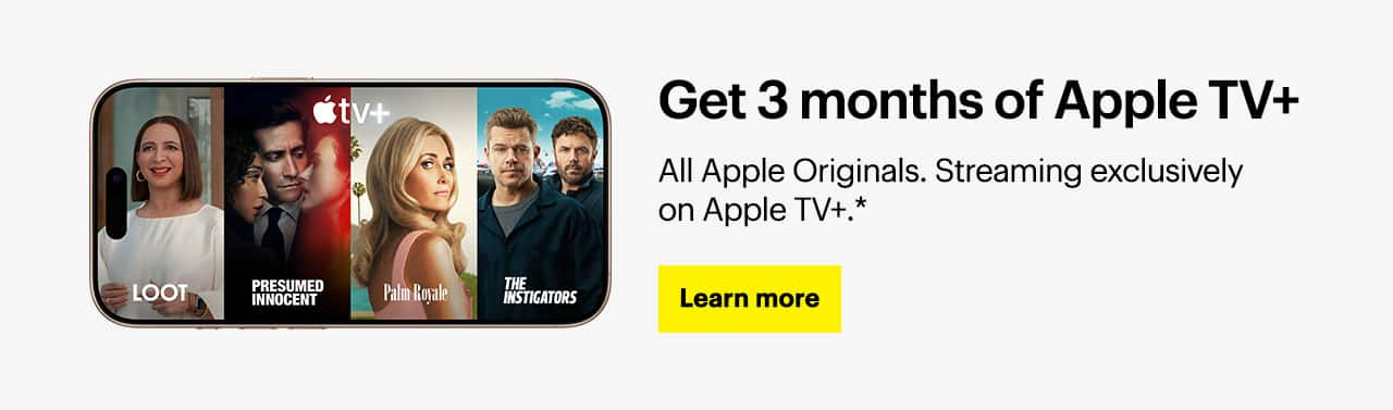 Apple TV+ on a phone with shows depicted: Loot, Presumed Innocent, Palm Royals, The Instigators.