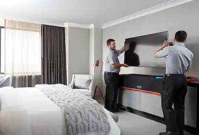 Geek squad agents installing television