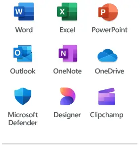 Icons for Word, Excel, PowerPoint, Outlook, OneNote, OneDrive, Microsoft Defender, Designer, Clipchamp