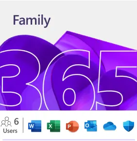 Family 365, icons for 6 users, Word, Excel, PowerPoint, Outlook, OneDrive, Microsoft Defender