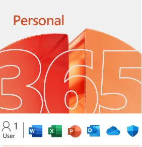Personal 365; icons for 1 user, Word, Excel, PowerPoint, Outlook, OneDrive, Microsoft Defender