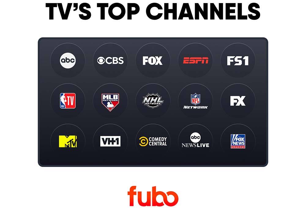 TV's Top Channels:

* ABC
* CBS
* FOX
* ESPN
* FS1
* NBA
* MLB
* NHL
* NFL
* FX
* MV
* VH1
* Comedy Central
* Centric
* ABC News Live
* Vevo
* Fox News Channel
* Fubo