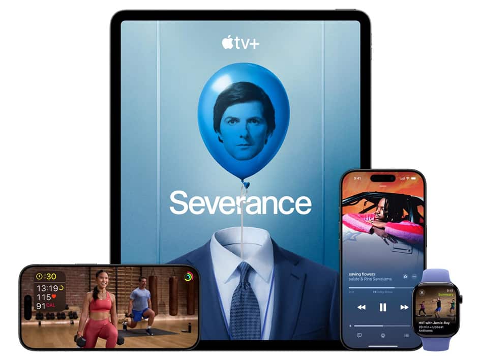 Apple logo, screens with content