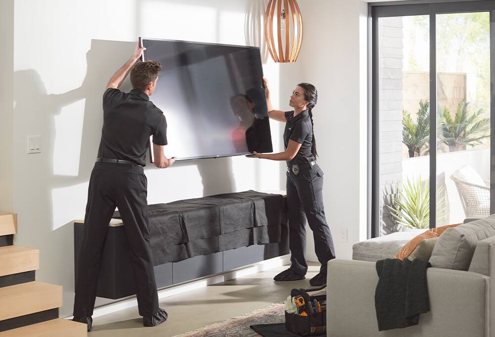 Geek squad agents installing television