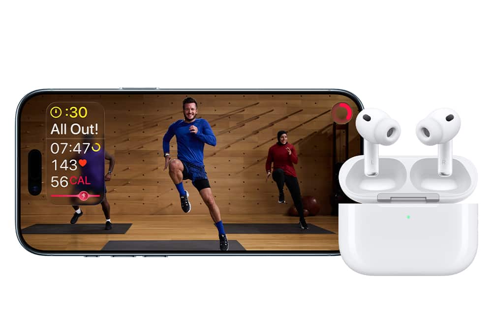 People exercising, displayed on an iPhone; AirPods 