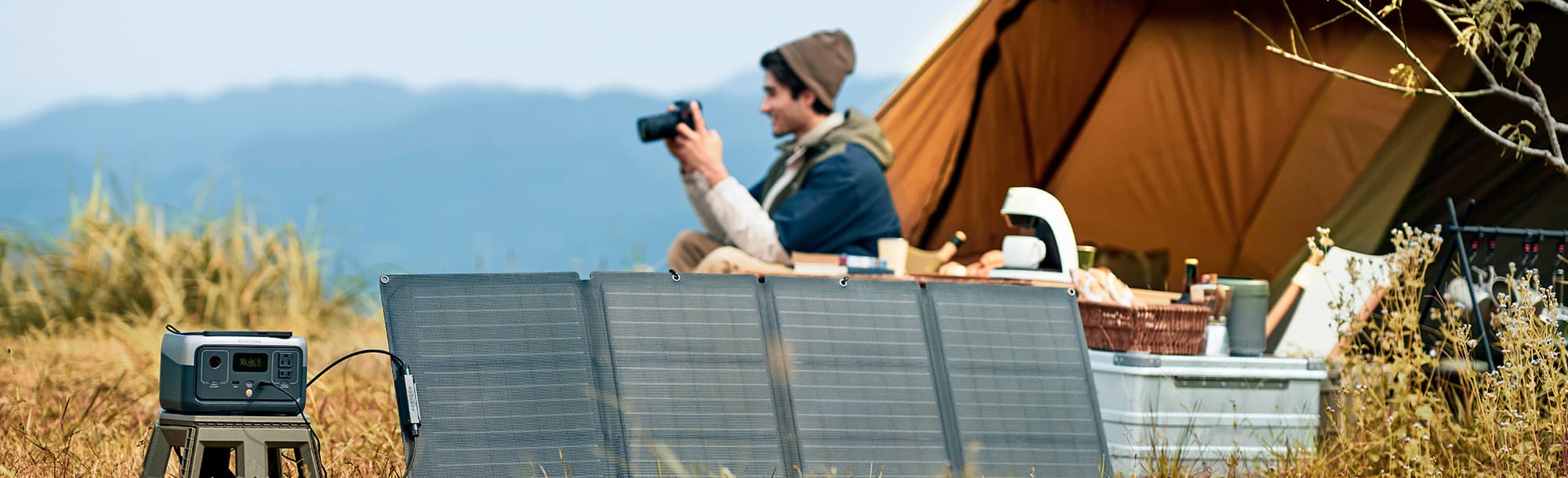 person with solar panels and generator.