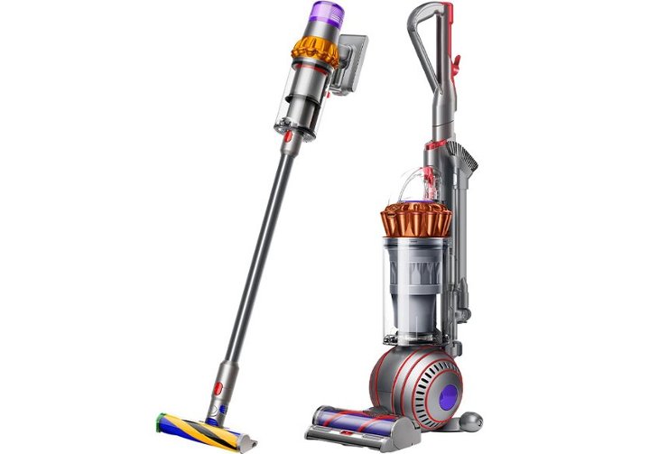 Vacuums in living room, dog with stick vacuum