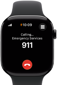 Apple Watch Series 11, aluminum jet black case, emergency call to 911 on screen, right side exterior: Digital Crown, black Sport Band