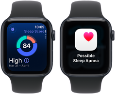 Two Apple Watch SE 3 devices with Midnight aluminum cases showing sleep score and a possible sleep apnea alert on screens