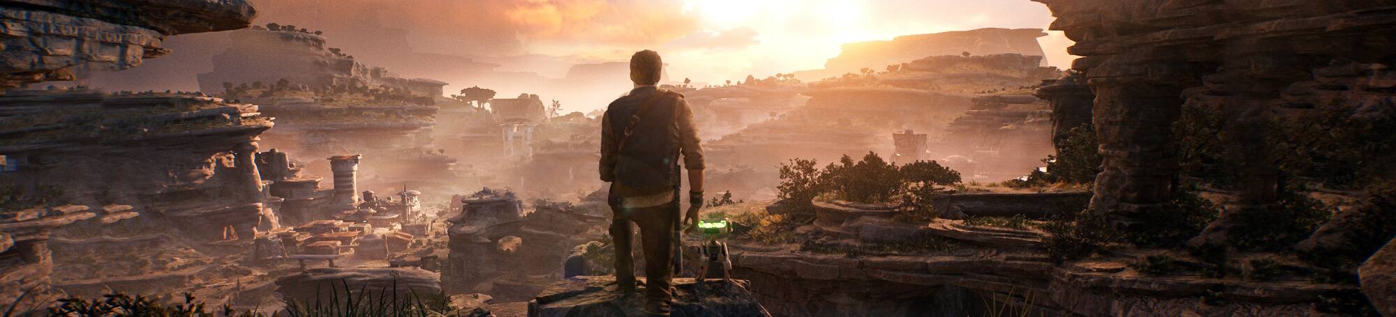 Warrior and robot looking at horizon